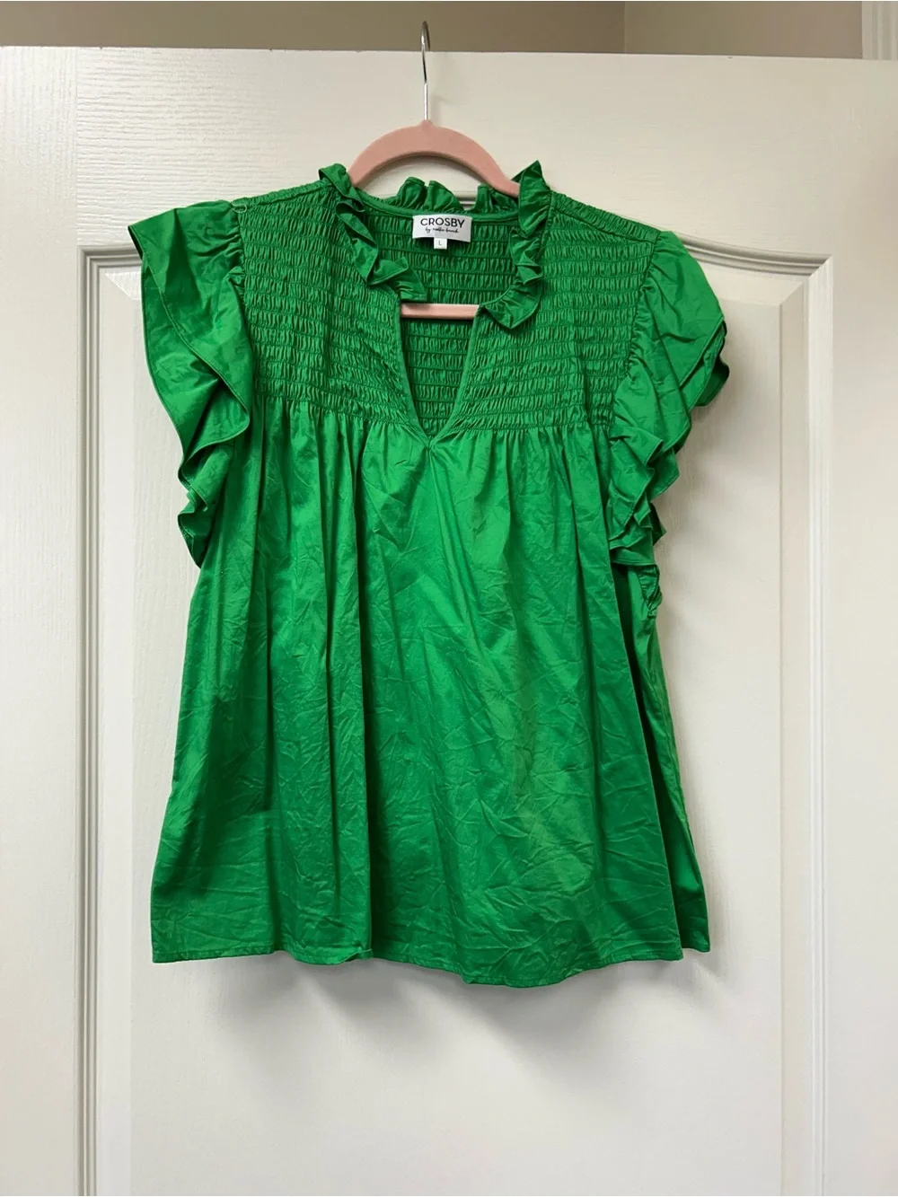 CROSBY by Mollie Burch Emerald Green Smocked Flutter Sleeve Top - Picture 2 of 4